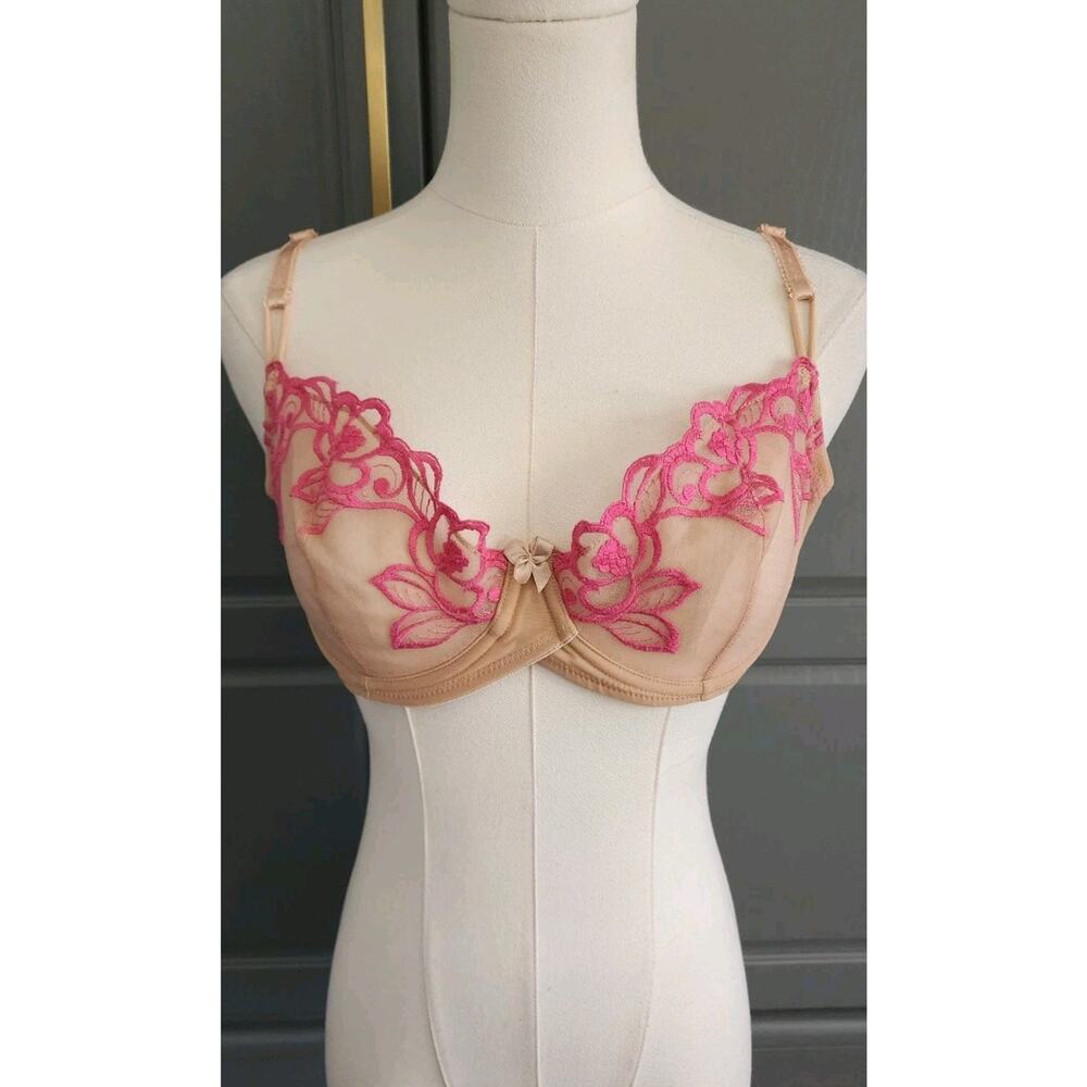 Jezebel Vintage Hollywood Underwire Sheer Beige Pink Embroidery NWT 36C